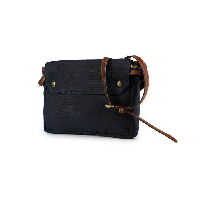 Algory Felisi men's shoulder bag in blue cotton canvas with medium brown leather trim