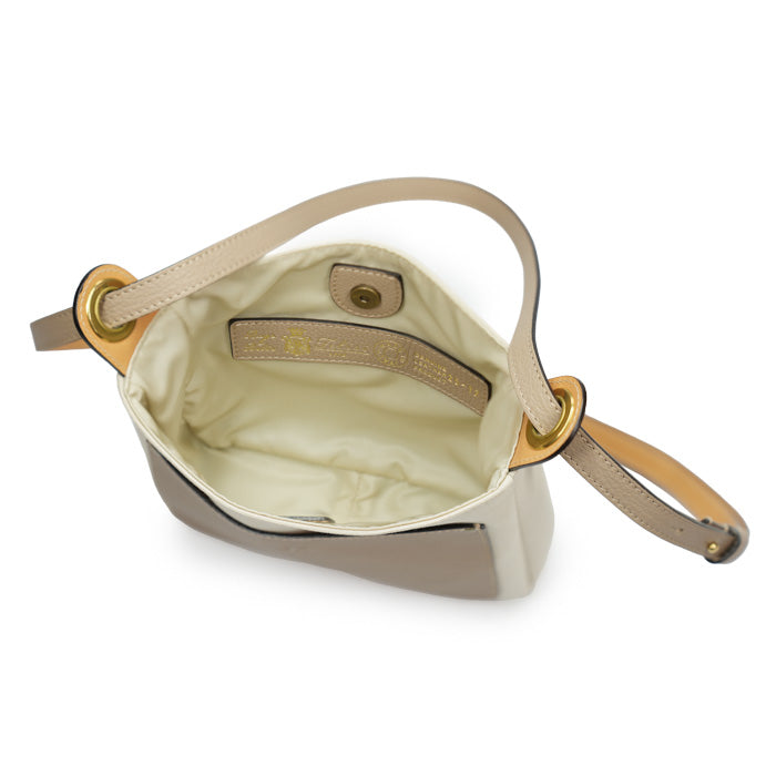 Heather by Felisi shoulder bag in double rubberized canvas in rope color with soft dove-gray calfskin finishes