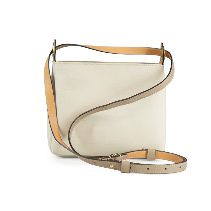 Heather by Felisi shoulder bag in double rubberized canvas in rope color with soft dove-gray calfskin finishes