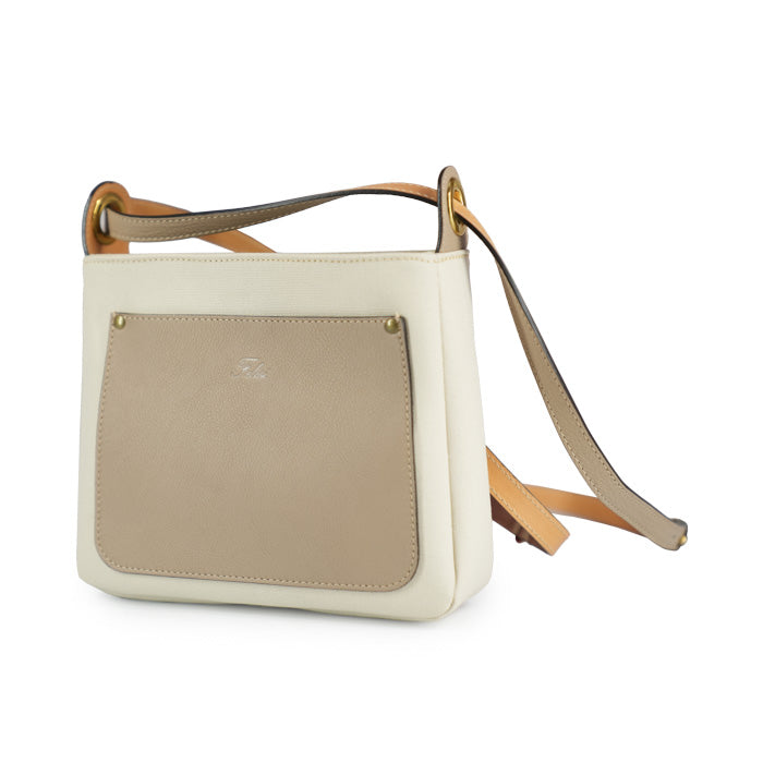 Heather by Felisi shoulder bag in double rubberized canvas in rope color with soft dove-gray calfskin finishes