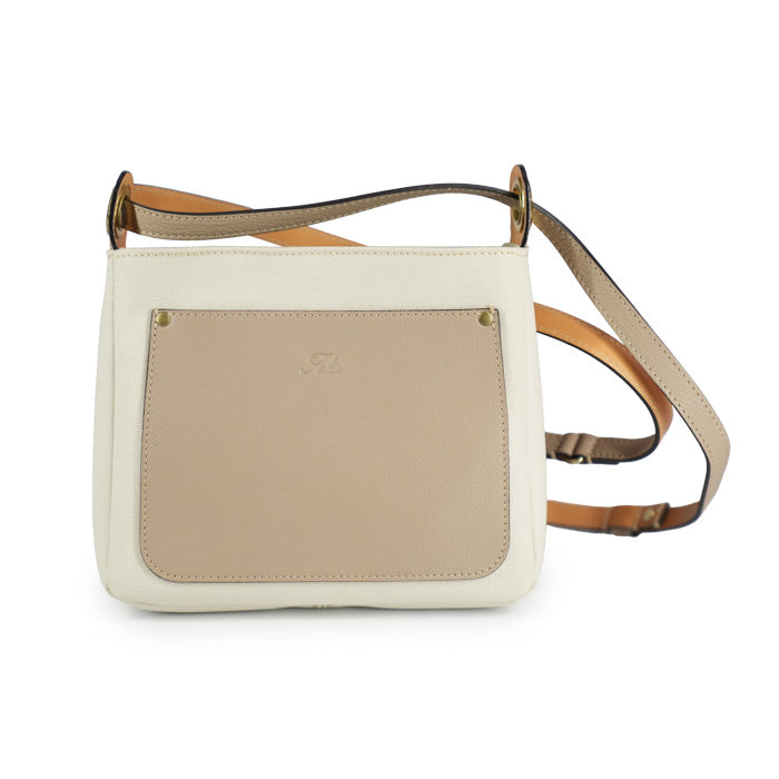 Heather by Felisi shoulder bag in double rubberized canvas in rope color with soft dove-gray calfskin finishes