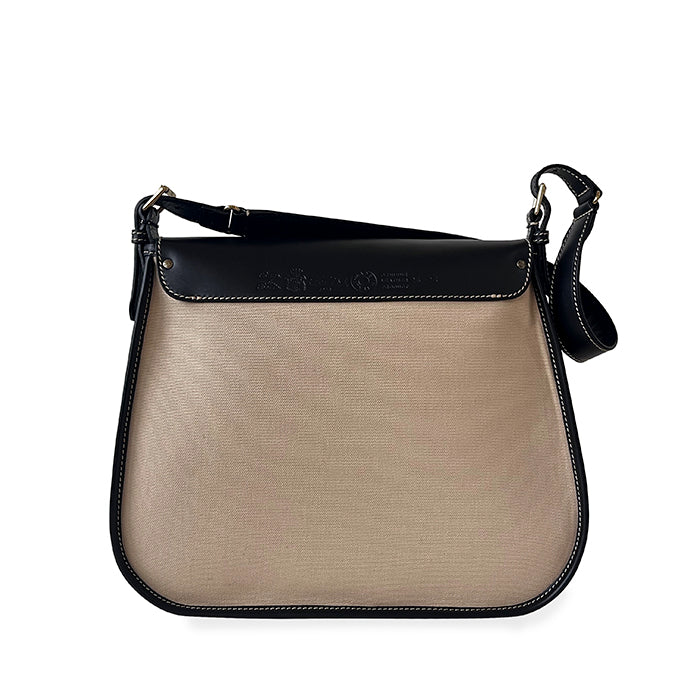 Ambra Felisi da donna a tracolla realizzata in tessuto di cotone colore sabbia con finiture in pelle di vacchetta colore nero