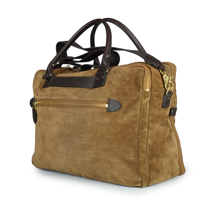 Amadeus Felisi borsa da lavoro accessoriata realizzata in pelle scamosciata colore cognac con finiture in pelle di vacchetta colore marrone scuro