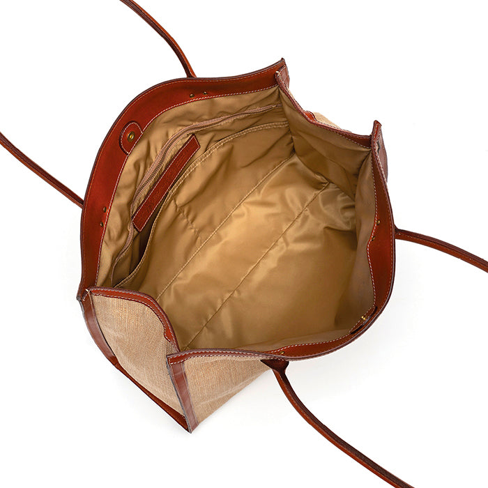 Hit-Felisi-toto-bag-a-mano-e-spalla-in-rafia-tecnica-sabbia-e-finiture-in-pelle-di-vacchetta-chiaro-foderata-in-nylon-con-cuciture-a-contrasto
