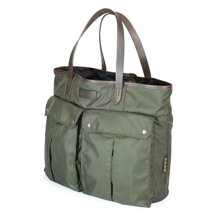 Julius-Felisi-borsa-uomo-tote-in-nylon-tecnico-ripstop-resistente-verde-scuro-e-pelle-moro
