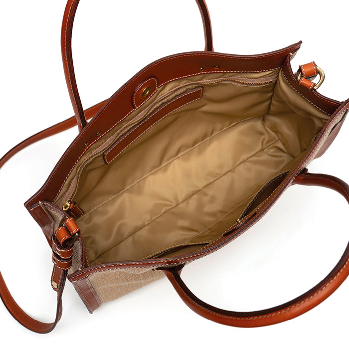 Napoleon-Felisi-borsa-rafia-tecnica-oliva-a-mano-e-tracolla-e-finiture-in-pelle-di-vacchetta-chiaro-e-cuciture-a-contrasto-con-fodera-in-nylon