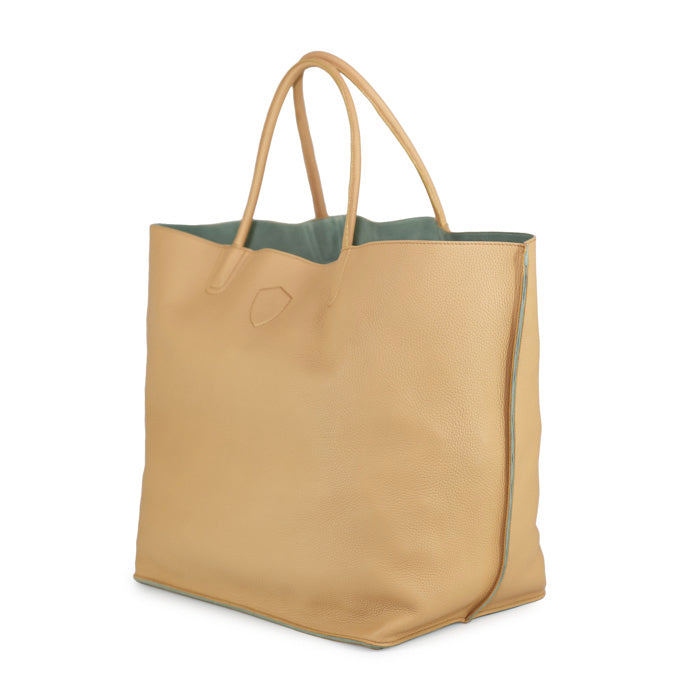 Peggy-Felisi-borsa-donna-tote-maxi-reversibile-pelle-di-vitello-beige-e-pelle-scamosciata-verde-acqu