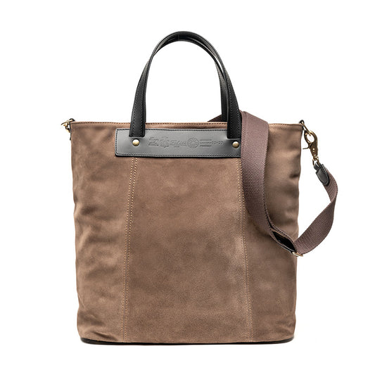 Tote-bag-Max-Felisi-a-mano-e-a-tracolla-in-pelle-scamosciata-tortora-con-finiture-in-pelle-di-vacchetta-nero