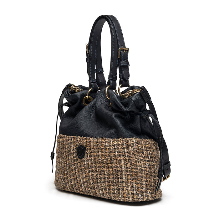 Tulipe-di-Felisi--borsa-donna-a-mano-e-tracolla-in-pelle-di-vitello-blu--e-tessuto-boucle-con-finiture-in-pelle-di-vacchetta-blu-con-interno-in-cotone-greggio