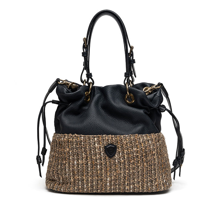 Tulipe-di-Felisi--borsa-donna-a-mano-e-tracolla-in-pelle-di-vitello-blu--e-tessuto-boucle-con-finiture-in-pelle-di-vacchetta-blu
