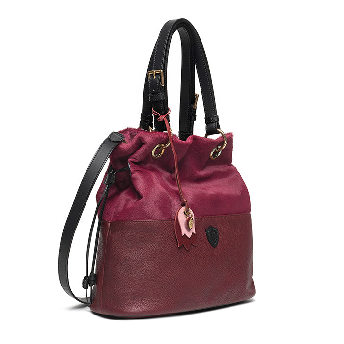 Tulipe-di-Felisi--borsa-donna-a-mano-e-tracolla-in-pelle-di-vitello-bordeaux-e-cavallino-di-vitello-bordeaux-con-finiture-in-pelle-di-vachetta-nero-e-tracolle-regolabili