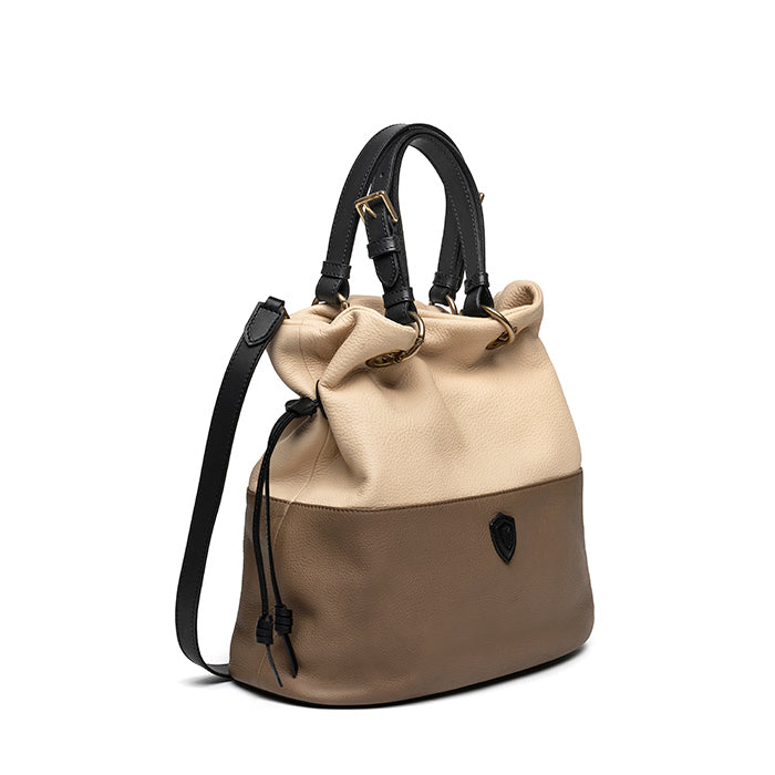 Tulipe-di-Felisi--borsa-donna-a-mano-e-tracolla-in-pelle-di-vitello-tortora-e-panna-con-finiture-in-pelle-di-vacchetta-nero-con-interno-in-cotone-greggio