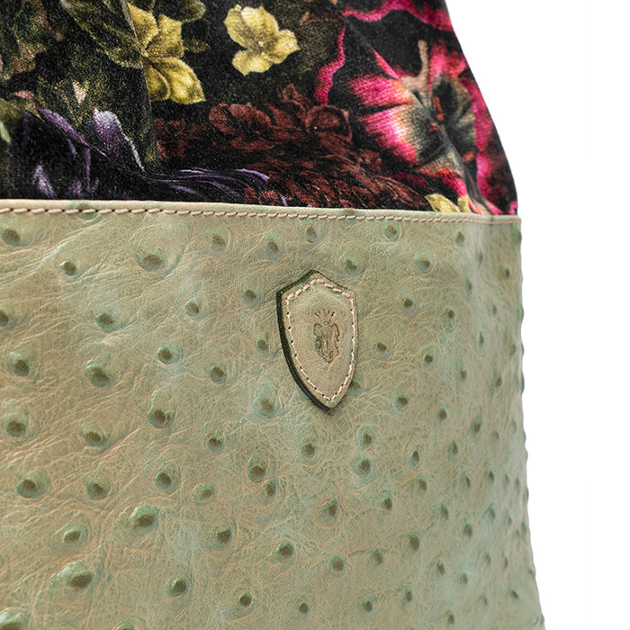 Tulipe-di-Felisi--borsa-donna-a-mano-e-tracolla-in-pelle-stampa-struzzo-verde-e-velluto-a-fiori-e-tracolle-regolabili-e-interno-in-cotone-greggio