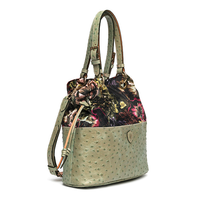 Tulipe-di-Felisi--borsa-donna-a-mano-e-tracolla-in-pelle-stampa-struzzo-verde-e-velluto-a-fiori-e-tracolle-regolabili