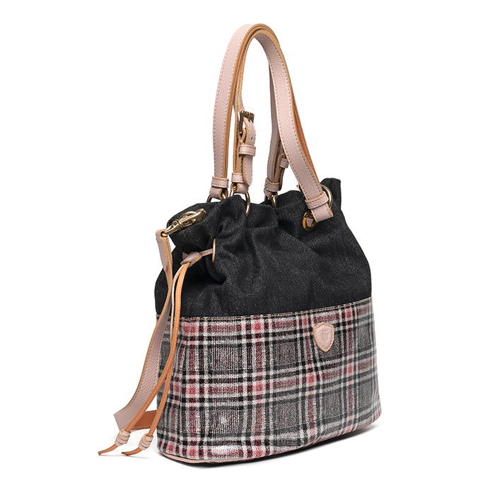 Tulipe-di-Felisi--borsa-donna-a-mano-e-tracolla-in-tessuto-gommato-stampa-scozzese-con-tessuto-denim-grigio-e-finiture-in-pelle-di-vitello-cipria-e-tracolle-regolabili