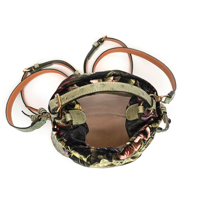 Tulipe-di-Felisi-zaino-e-borsa-donna-in-pelle-stampa-struzzo-verde-e-velluto-a-fiori-e-interno-greggio