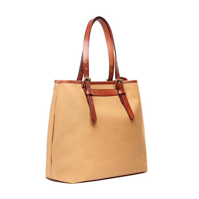 Violet Felisi tote bag in doppio canvas di cotone beige e pelle di toro chiaro