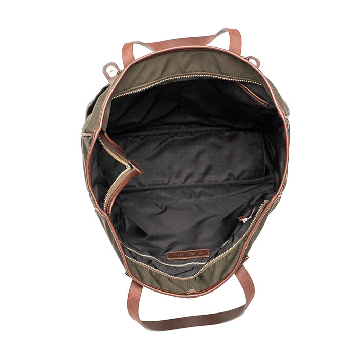 Kaa-Felisi-borsa-toto-in-nylon-tecnico-ripstop-resistente-verde-scuro-e-vacchetta-moro