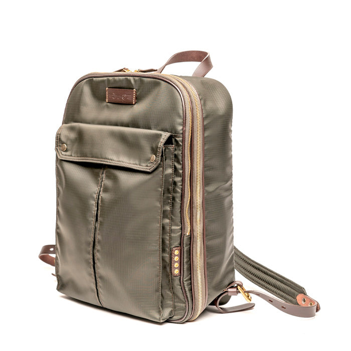 Shere-Khan-Felisi-zaino-in-nylon-resistente-ripstop-verde-scuro-e-pelle-moro