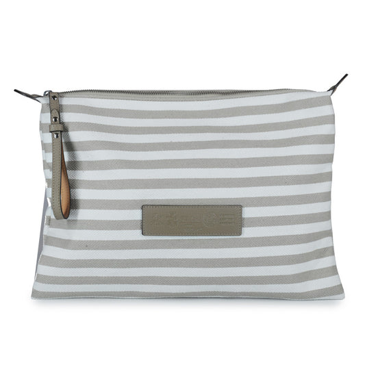 Striped cloutch Felisi realizzata in canvas jaquard bianco e tortora con finiture in morbida pelle di vitello colore tortora