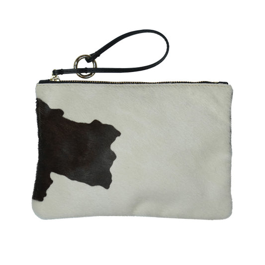 Siva Felisi medium pouch with hook in cream and dark brown spotted pony skin with black cowhide leather trim