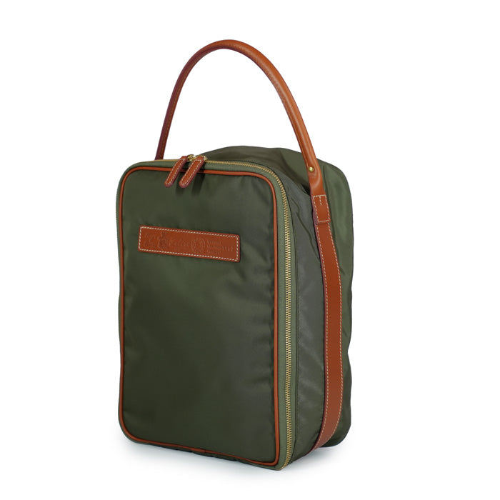 Jimmy di Felisi beauty shoe bag made of military green technical nylon with light-coloured leather finishes