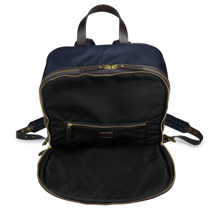 Shere Khan men's backpack by Felisi in blue ripstop technical nylon with dark brown cowhide leather trim