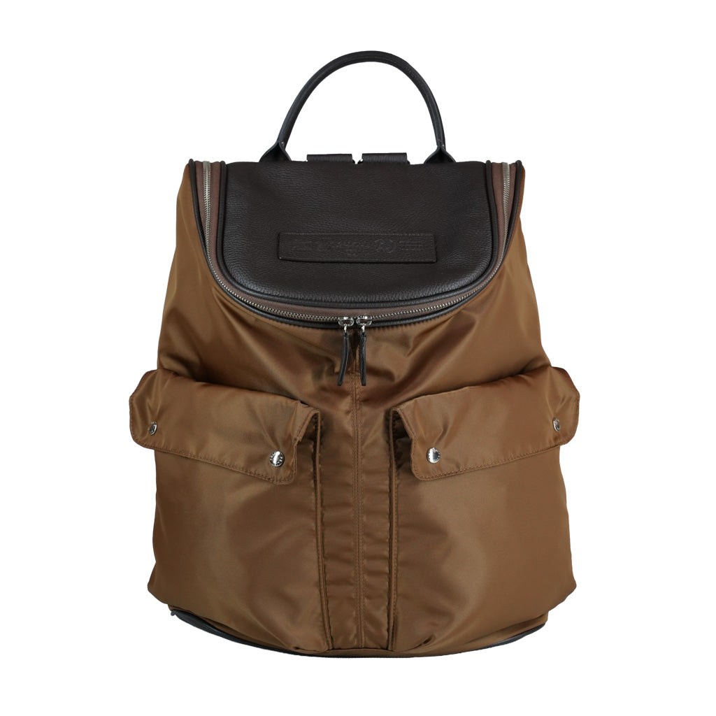 Maxi Sorriso Felisi zaino realizzato in nylon tecnico colore marrone con finiture in pelle di vitello colore marrone scuro