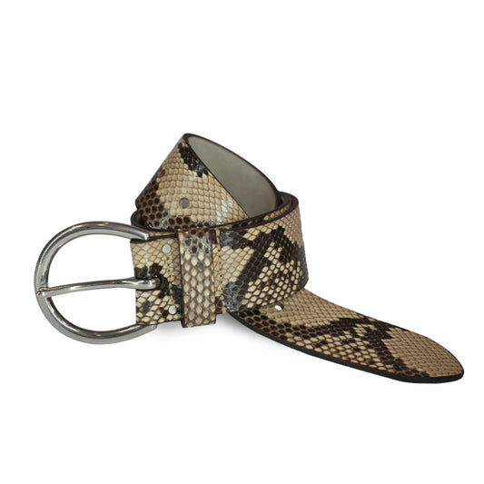 60/02 Felisi belt in beige shiny python leather with silver buckle