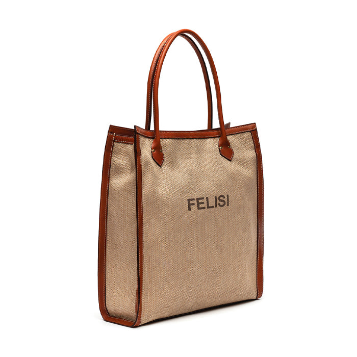 Gon-Felisi-borsa-shopper-a-mano-e-spalla-in-rafia-tecnica-sabbia-e-finiture-in-pelle-di-vacchetta-chiarocon-cuciture-a-contrasto