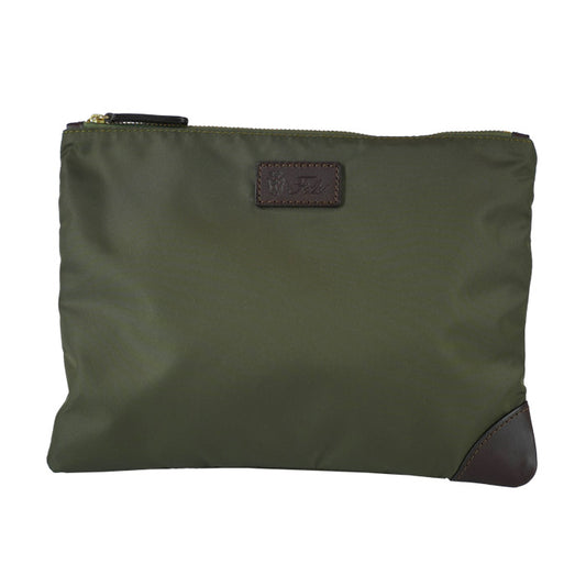 Pocket Felisi envelope in technical nylon in olive green with dark brown cowhide leather trim